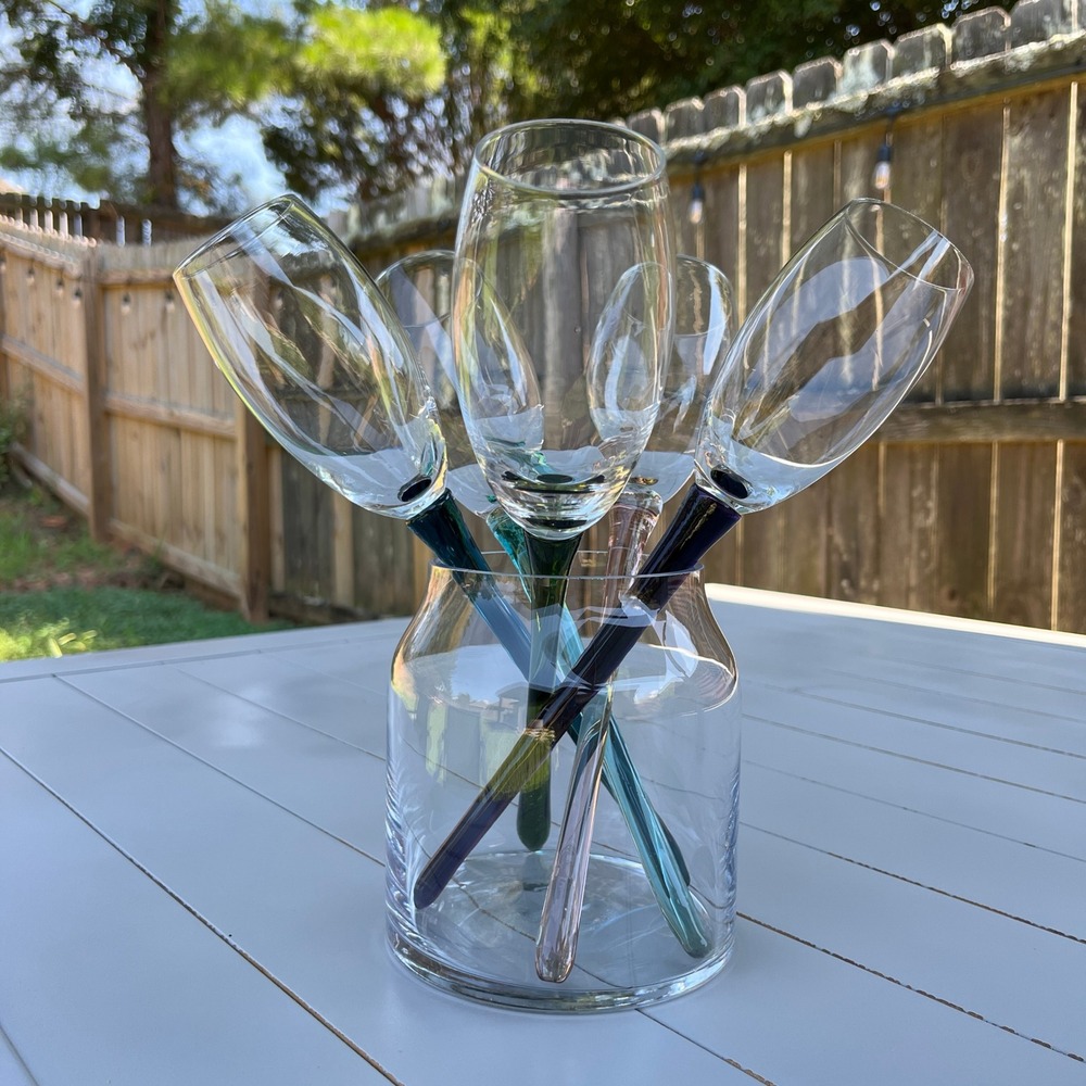 VTG 5 Hand Blown Champagne Bouquet Flutes Long Stems with Glass Vase